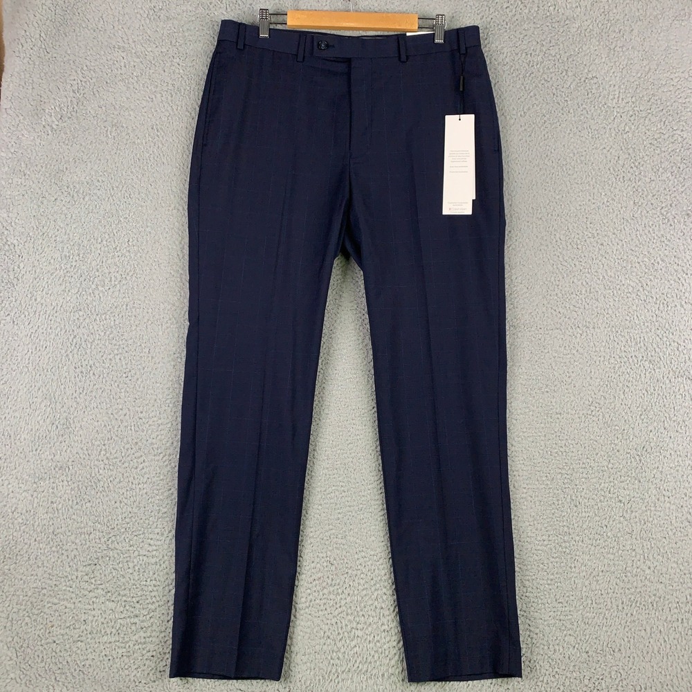 Calvin Klein Jerome Dress Pants Men's 36 x 32 Navy Windowpane Slim Fit Wool $150